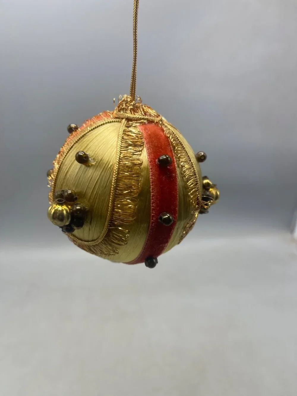 vintage set of 2 silk Christmas ornaments gold pink ribbon embellished felt READ